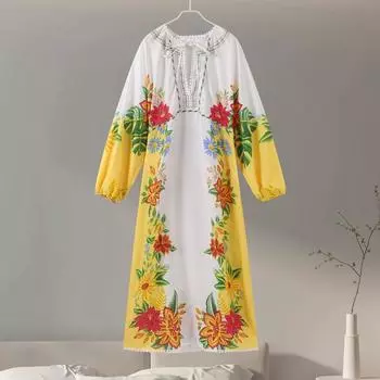 Платье из льна с принтом, большие размеры, для женщин, элегантное, свободное, со шнуровкой, с V-образным вырезом, винтажное, с рисунком маслом, летнее, с длинными рукавами, новое, модное, с высокой талией, в пасторальном стиле S