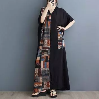 Платье из льна с V-образным вырезом и короткими рукавами, контрастное, сшивание, черное, длинное, для женщин, повседневные платья large size average size