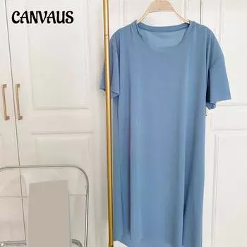 Платье из ледяного шелка, женское весеннее и летнее тонкое свободное платье с круглым вырезом, удобное тонкое однотонное платье, домашняя ночная рубашка One Size розовый