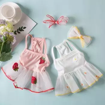 Платье из сетчатой ткани для собак с клубничной маргариткой, юбка-фонарик для домашних животных, платье из пряжи, плюшевый шпиц, платье на бретельках, йоркширский шнауцер, маленькая собака XS