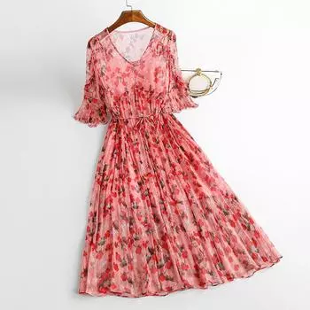 Платье из шелка Mulberry для женщин 2024 года, новое летнее платье для мам, свободная длинная юбка из знаменитого шелка высокого качества с красным принтом S