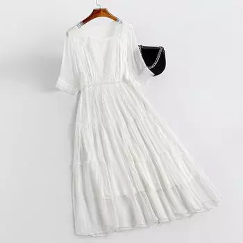 Платье из шелка Mulberry, женское, весна-лето 2024, новое длинное платье, темперамент, белая юбка-фея, стиль отпуска, высокое чувство M белый