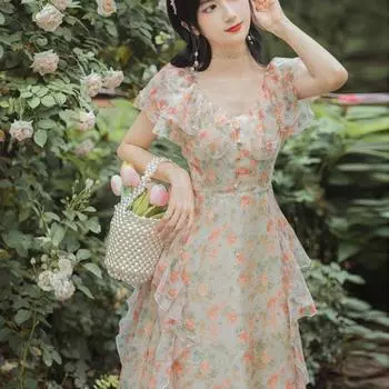 Платье из шифона в стиле ретро с цветочным принтом и длинной летней юбкой на одно плечо, облегающей талию и утягивающей фигуру S оранжевый