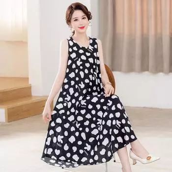 Платье из шёлка и хлопка без рукавов для мам среднего возраста — облегающее, большого размера, пляжное платье на лето XXL