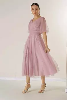 Платье из ткани георгин с блестками спереди и сзади с v-образным вырезом и короткими рукавами-воздушными шарами на подкладке в виде паука