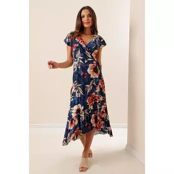 Платье из вискозы с цветочным узором и завязками на воротнике с оборками