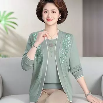 Платье из вязаного свитера Новинка Легче всего сочетать Футболка с коротким рукавом Кардиган Костюм Для женщин среднего и пожилого возраста Весенне-осенняя одежда Green L((Recommendation 52.50 kg-57.50 kg)