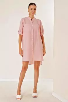 Платье из жатого хлопка с двойным карманом спереди и короткой спиной, в длинную продольную полоску с короткими рукавами