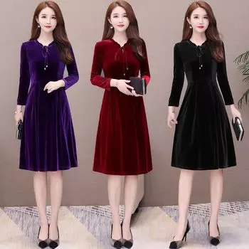 Платье из золотистого бархата, новинка, осень-зима, ретро-темперамент, женская одежда, длинный рукав, большой размер, плиссированная юбка снизу M Recommended 80-50kg бордовый