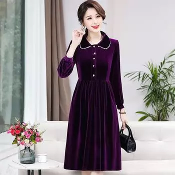 Платье из золотистого бархата с длинным рукавом, весна 2024, новинка, для мам среднего возраста, облегающая талия, темпераментная, однотонная женская юбка XL красный