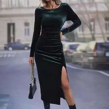 Платье из золотого бархата для женщин, осень-зима, модное однотонное платье с длинным рукавом, бархатное утолщенное платье с запахом на бедрах и разрезом по бокам, макси-платья S