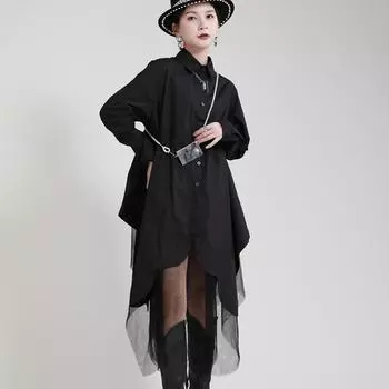 Платье Johnature с длинным рукавом, весна-лето, свободные, с нерегулярным подолом, в стиле пэчворк, сетчатая модная рубашка, женские платья One Size чёрный