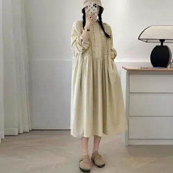 Платье Johnature с двойной подкладкой из кружева и цветными блоками, японское осеннее ретро-хлопковое пэчворк-оборки, свободные повседневные платья One Size кофейный