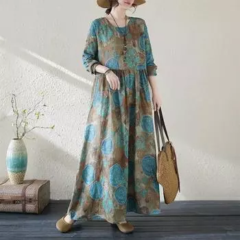 Платье Johnature с круглым вырезом в китайском стиле, женское весеннее модное винтажное свободное платье с длинными рукавами L синий