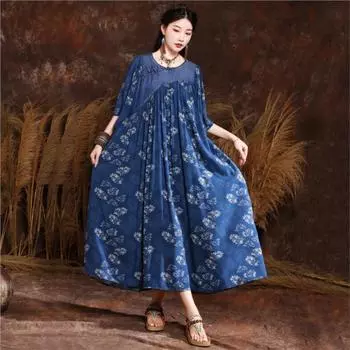 Платье Johnature с пряжкой в китайском стиле и принтом, летнее женское свободное хлопковое платье с круглым вырезом и половиной рукавов One Size темно-синий