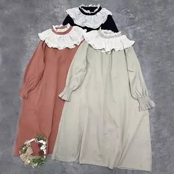 Платье Johnature в стиле ретро с контрастной строчкой и длинными рукавами, женские весенние свободные платья с воротником и оборками One Size чёрный