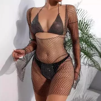 Платье Юбка в сеточку со стразами Сексуальное обтягивающее бикини с тремя частями Пляжное платье Spice Girl Сексуальное платье XS