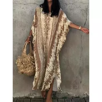 Платье-кафтан с принтом тай-дай, повседневное пляжное летнее макси-платье с накидкой, женская одежда One-size жёлтый