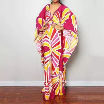 Платье-кафтан с принтом тай-дай, повседневное пляжное летнее макси-платье с накидкой, женская одежда One Size