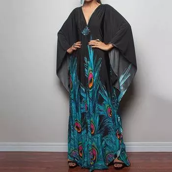 Платье-кафтан с принтом тай-дай, повседневное пляжное летнее макси-платье с накидкой, женская одежда One Size