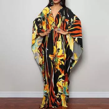 Платье-кафтан с принтом тай-дай, повседневное пляжное летнее макси-платье с накидкой, женская одежда One Size