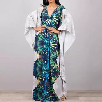 Платье-кафтан с принтом тай-дай, повседневное пляжное летнее макси-платье с накидкой, женская одежда One Size