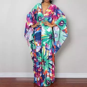 Платье-кафтан с принтом тай-дай, повседневное пляжное летнее макси-платье с накидкой, женская одежда One Size