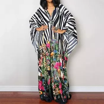 Платье-кафтан с принтом тай-дай, повседневное пляжное летнее макси-платье с накидкой, женская одежда One Size