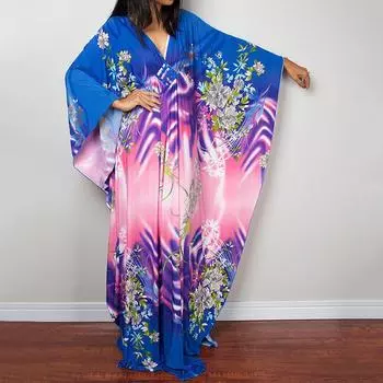 Платье-кафтан с принтом тай-дай, повседневное пляжное летнее макси-платье с накидкой, женская одежда One Size