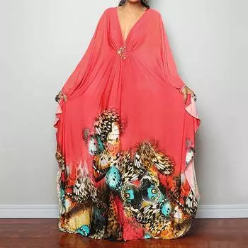 Платье-кафтан с принтом тай-дай, повседневное пляжное летнее макси-платье с накидкой, женская одежда average size