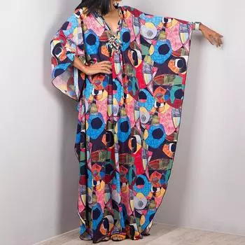 Платье-кафтан с принтом тай-дай, повседневное пляжное летнее макси-платье с накидкой, женская одежда One Size