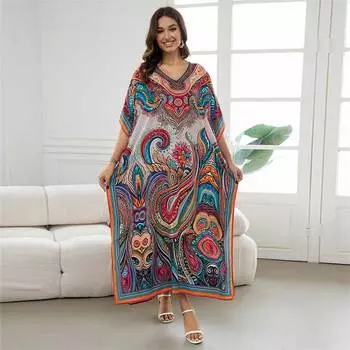 Платье-кафтан в стиле бохо с рукавами «летучая мышь» и V-образным вырезом, боковыми разрезами, длинное, женская одежда, пляжная одежда, купальник, накидка, свободный домашний халат Q1594 One size разноцветный