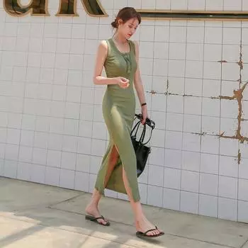 Платье-камисоль Летнее платье без рукавов с бретелькой через шею, однотонное, утягивающее, облегающее, темпераментное платье на пуговицах S зелёный