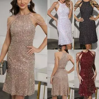 Платье-карандаш без рукавов с кисточками и талией на талии, с запахом на бедрах, женское платье-карандаш с блестками и бретельками для коктейльной вечеринки S чёрный