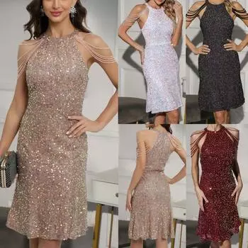 Платье-карандаш без рукавов с кисточками и талией на талии, с запахом на бедрах, женское платье-карандаш с блестками и бретельками для коктейльной вечеринки S чёрный