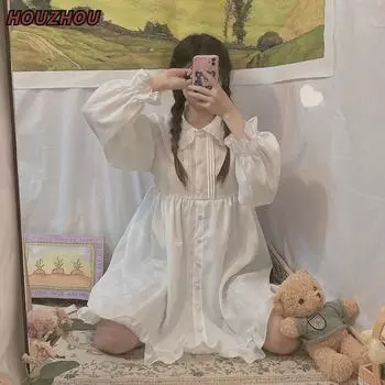 Платье Kawaii Sweet Lolita, белые платья с длинными рукавами, весна-осень, оборки, воротник Питера Пэна, свободное платье на пуговицах в консервативном стиле M чёрный