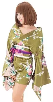 Платье-кимоно Oiran, цельное с оби-юката, полиэстер, атлас, вишневый цвет, павлин, соловей, зеленый, для женщин QC10[Julius]