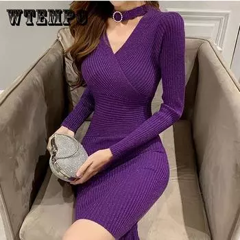 Платье Kint, женский эластичный длинный свитер, женская юбка средней длины с запахом, облегающее платье с длинным рукавом и v-образным вырезом, облегающее платье с высокой талией, осень-зима S
