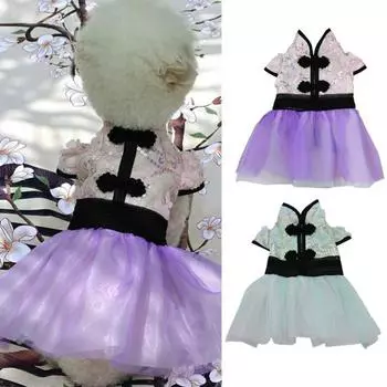 Платье «Китти» Сетчатое платье в китайском стиле с вышивкой и цветочной аппликацией с разбросанным подолом Платье для щенка 2XL зелёный