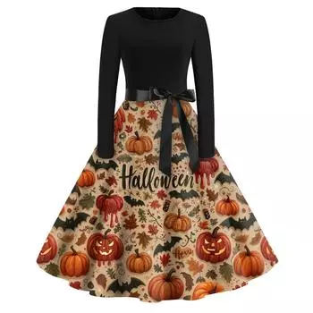 Платье-клеш с принтом на Хэллоуин для женщин с длинным рукавом, повседневные платья с круглым вырезом и ажурной отделкой M киноварь