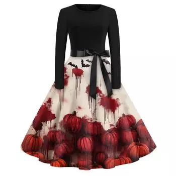 Платье-клеш с принтом на Хэллоуин для женщин с длинным рукавом, повседневные платья с круглым вырезом и ажурной отделкой XXL красный