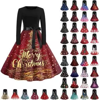 Платье-клеш с принтом на Хэллоуин для женщин с длинным рукавом, повседневные платья с круглым вырезом и ажурной отделкой XXL красный