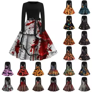 Платье-клеш с принтом на Хэллоуин для женщин с длинным рукавом, повседневные платья с круглым вырезом и ажурной отделкой S белый