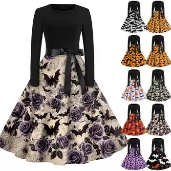 Платье-клеш с принтом на Хэллоуин для женщин с длинным рукавом, повседневные платья с круглым вырезом и ажурной отделкой XL