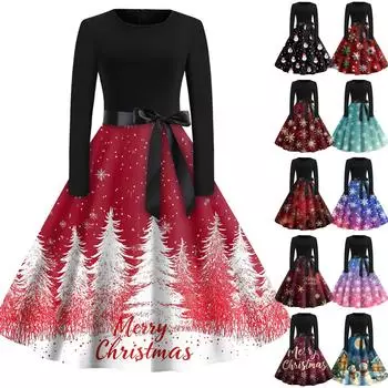 Платье-клеш с принтом на Хэллоуин для женщин с длинным рукавом, повседневные платья с круглым вырезом и ажурной отделкой L циан