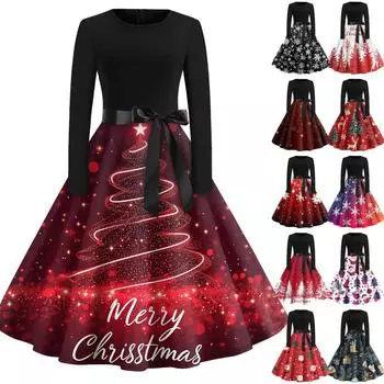 Платье-клеш с принтом на Хэллоуин для женщин с длинным рукавом, повседневные платья с круглым вырезом и ажурной отделкой L чёрный