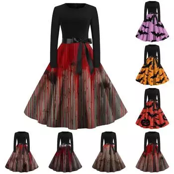 Платье-клеш с принтом на Хэллоуин для женщин с длинным рукавом, повседневные платья с круглым вырезом и ажурной отделкой XXL красный