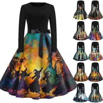 Платье-клеш с принтом на Хэллоуин для женщин с длинным рукавом, повседневные платья с круглым вырезом и ажурной отделкой S хаки
