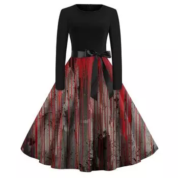 Платье-клеш с принтом на Хэллоуин для женщин с длинным рукавом, повседневные платья с круглым вырезом и ажурной отделкой XL