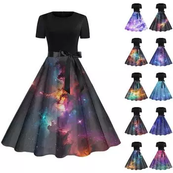 Платье-клеш в стиле ретро с принтом для женщин, повседневное, с коротким рукавом, круглым вырезом, винтажное платье L синий